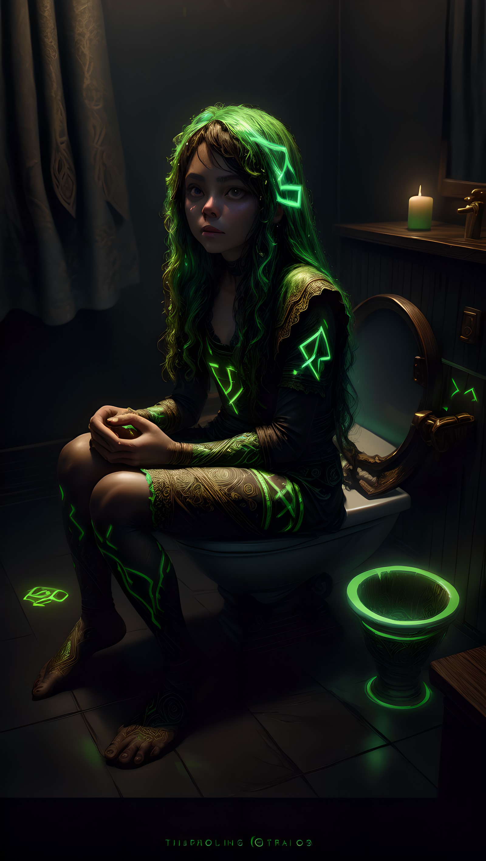 <lora:GlowingRunesAIv4-000005:0.4> [GlowingRunes_green : girl sitting on toilet], detailed, intricate, dark theme, <lora:a...